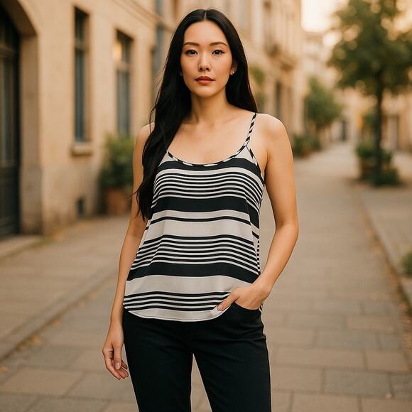 American Dream Sheer Tank Top Black and White Striped Size Small Double Strap - Picture 9 of 9